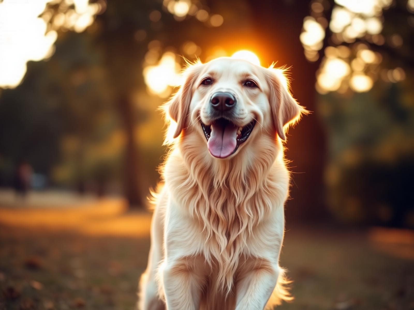 Happy golden retriever in golden hour light